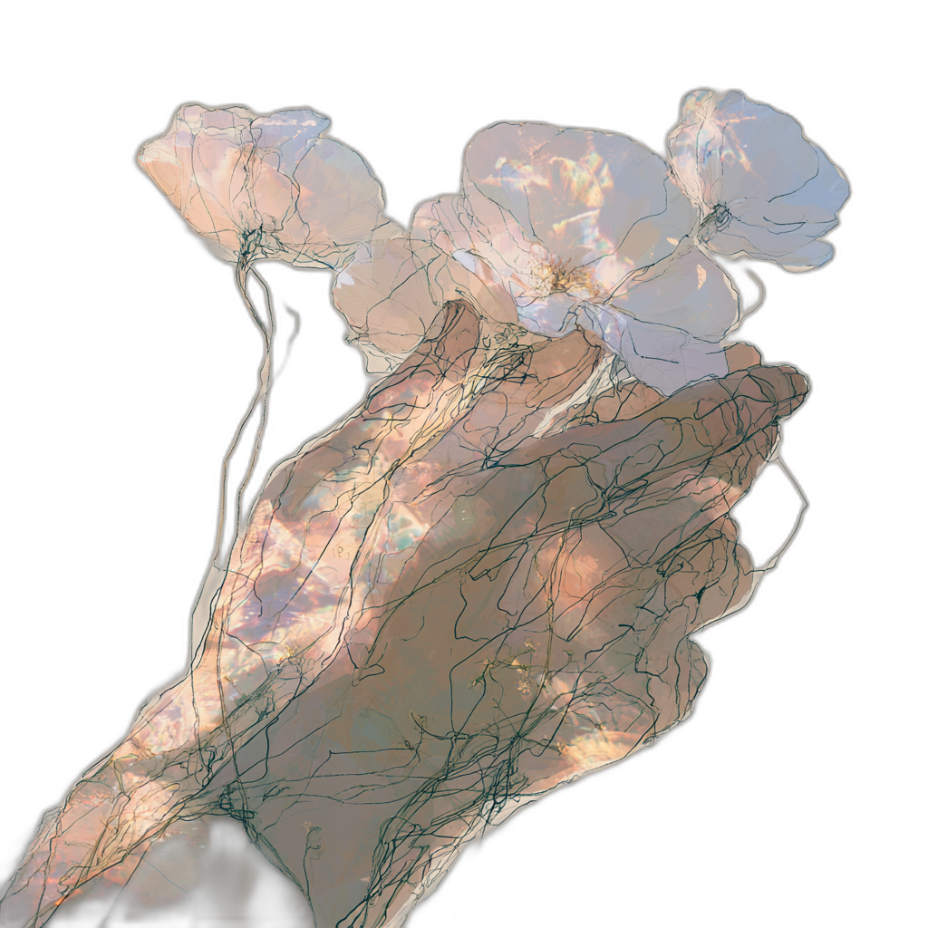 Botanical line drawing of hands and flowers