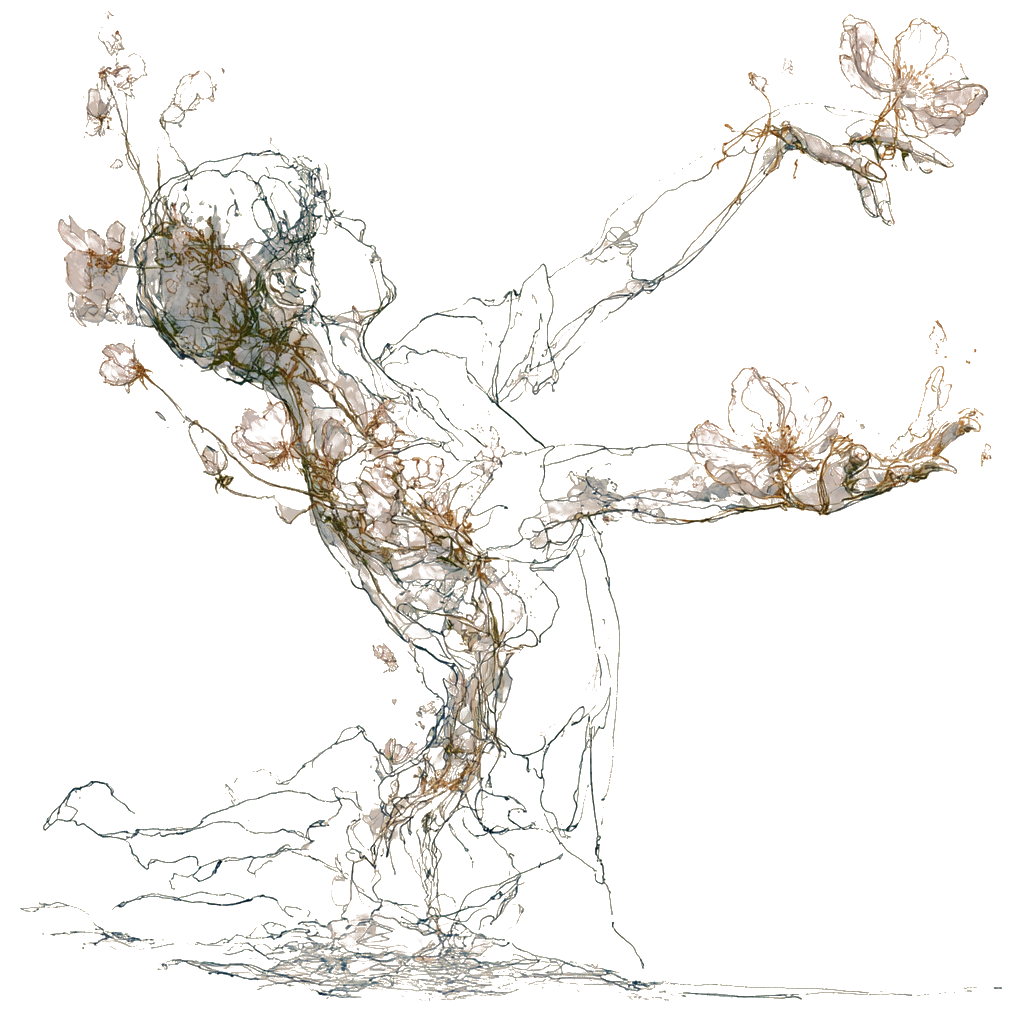 A woman dissolving into botanical vines and open flowers — the body releasing into the tide
